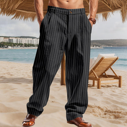 Linen Striped Suit Straight Loose Casual High Waist Wide Leg Pants