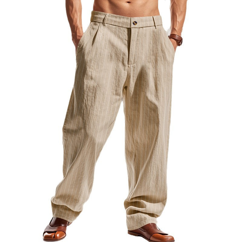 Linen Striped Suit Straight Loose Casual High Waist Wide Leg Pants