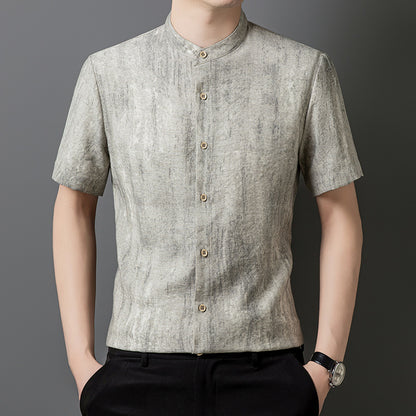 Fashion Linen Shirt Middle-aged Men's Solid Color Stand Collar Top