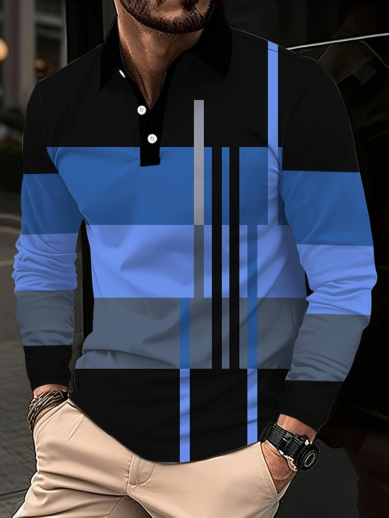 Men's Button Casual Slim Lapel 3D Printed Long Sleeve
