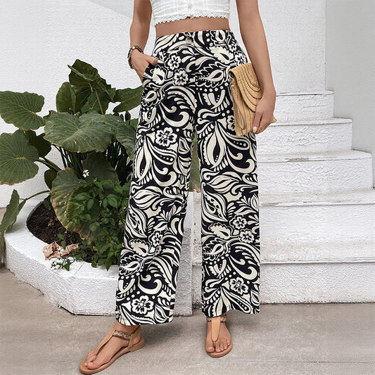 Floral Printed Trousers Women's High Waist Straight