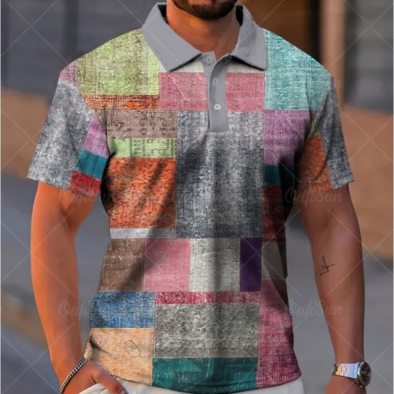 Men's Button Polo Shirt Plaid Lapel Printed Short Sleeve
