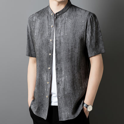 Fashion Linen Shirt Middle-aged Men's Solid Color Stand Collar Top