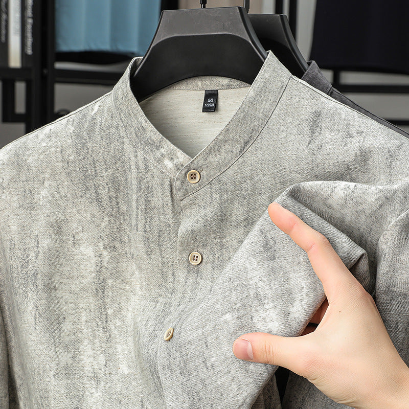 Fashion Linen Shirt Middle-aged Men's Solid Color Stand Collar Top