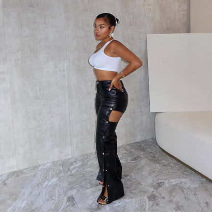 Fashion Sexy High Waist Slimming And Straight Hollow Leather Pants