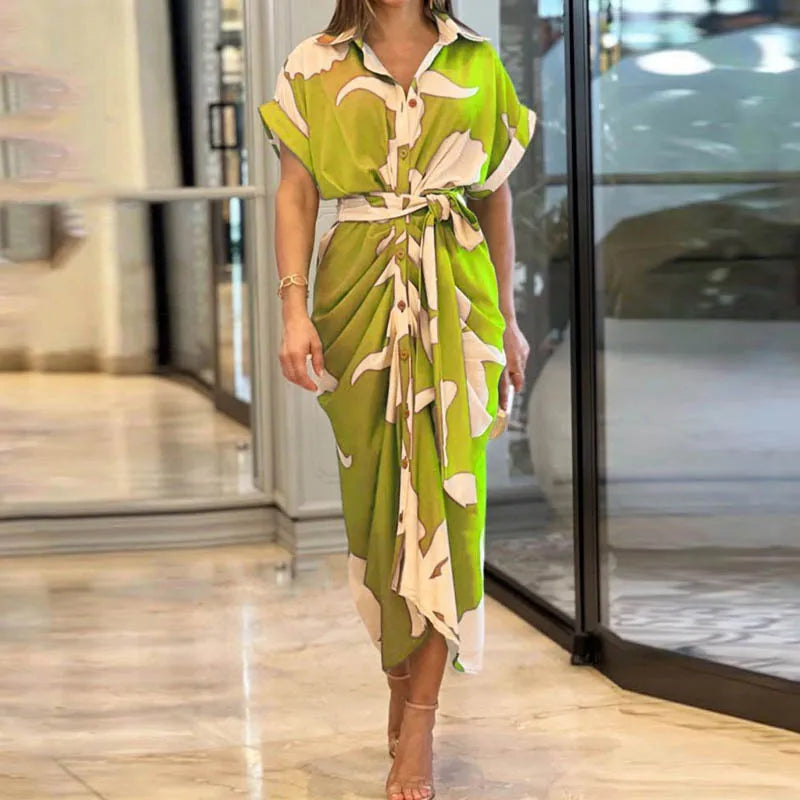 High Waisted Lady Shirt Dress for Women Clothing Summer Classic Casual Slim Short Sleeve Women Dress Female Solid Long Skir