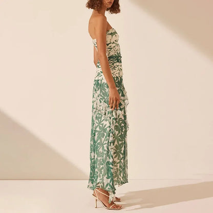 2025spring/summer New Printed Strapless Long Dress with A Stylish Design and Pleated Long Chiffon Dress for Women's Evening Wear