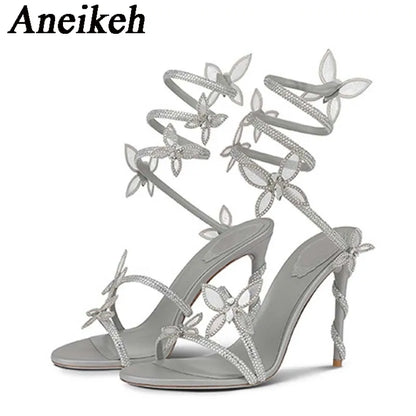 Aneikeh Shiny Crystal Rhinestone Butterfly Flower High Heels Women's Summer Elegant Sexy PU Round Head Sandals Party Dress