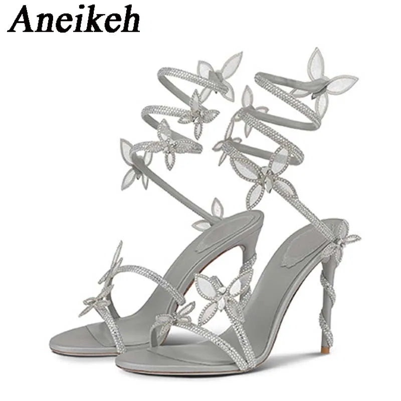 Aneikeh Shiny Crystal Rhinestone Butterfly Flower High Heels Women's Summer Elegant Sexy PU Round Head Sandals Party Dress