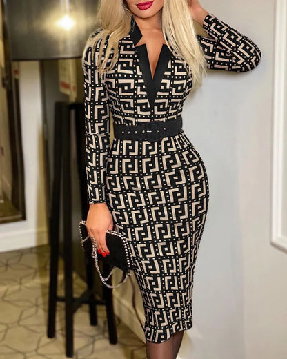 Plaid Pattern V Neck Dress Elegant Long Sleeve Knee Length Dress Women's Clothing