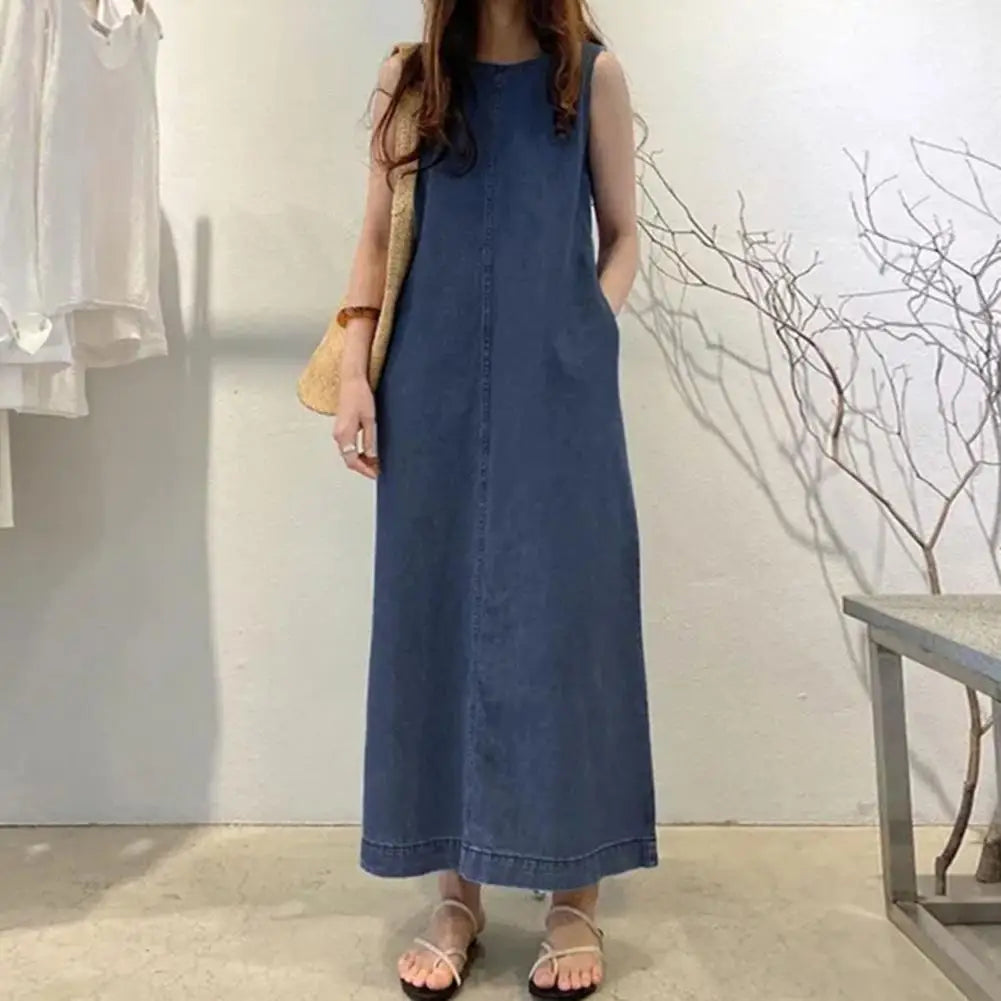 Comfortable Fabric Dress Elegant Maxi Dress with Pockets for Women Solid Color O Neck Ankle Length Lady Dating Dress Soft
