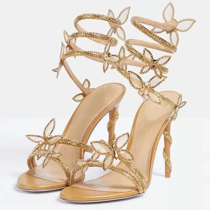 Aneikeh Shiny Crystal Rhinestone Butterfly Flower High Heels Women's Summer Elegant Sexy PU Round Head Sandals Party Dress