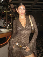 BOOFEENAA Sexy See Through Lace Dress Y2k Club Outfit for Woman Flare Long Sleeve Deep V Ruffle Short Dresses Black C85-DZ20
