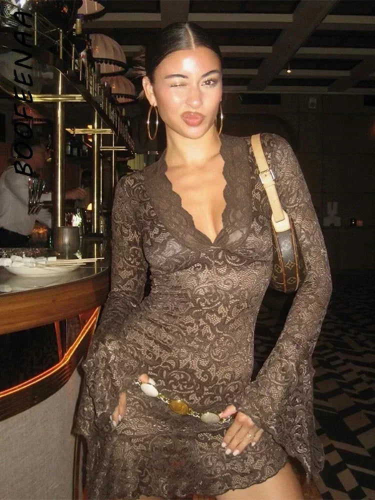 BOOFEENAA Sexy See Through Lace Dress Y2k Club Outfit for Woman Flare Long Sleeve Deep V Ruffle Short Dresses Black C85-DZ20