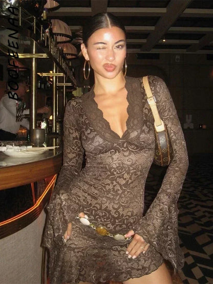 BOOFEENAA Sexy See Through Lace Dress Y2k Club Outfit for Woman Flare Long Sleeve Deep V Ruffle Short Dresses Black C85-DZ20