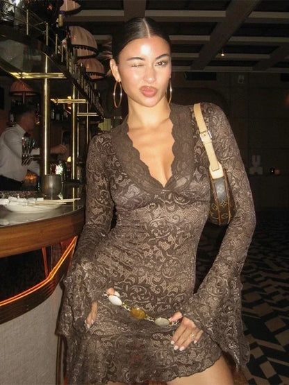 BOOFEENAA Sexy See Through Lace Dress Y2k Club Outfit for Woman Flare Long Sleeve Deep V Ruffle Short Dresses Black C85-DZ20