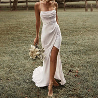 Women Elegant Maxi Dress Spaghetti Straps Backless Pleated Split Dress Summer Long Dress for Cocktail Wedding Party Vestidos