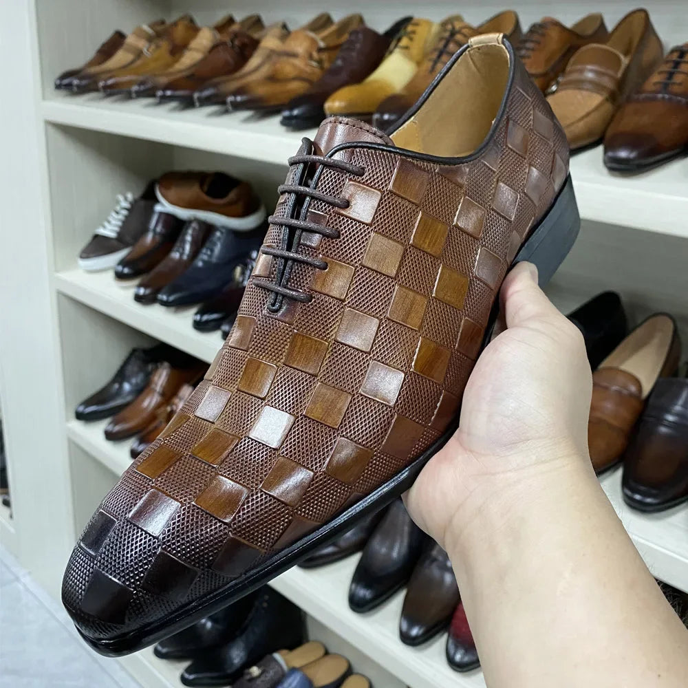 Men's Luxury Italian Leather Dress Shoes Fashion Plaid Print Lace-Up Black/Brown Formal Oxford Wedding Office Shoes