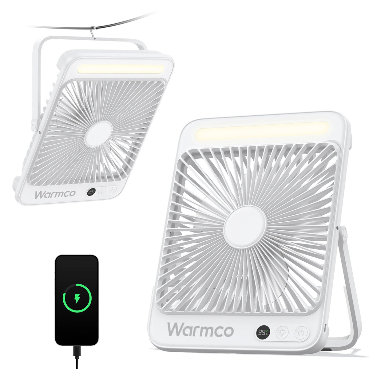 Warmco 20000mAh 8-inch Portable Camping Fan,LED Light, Quiet Thin Battery Desk Personal Fan With Digital Display for Outdoor