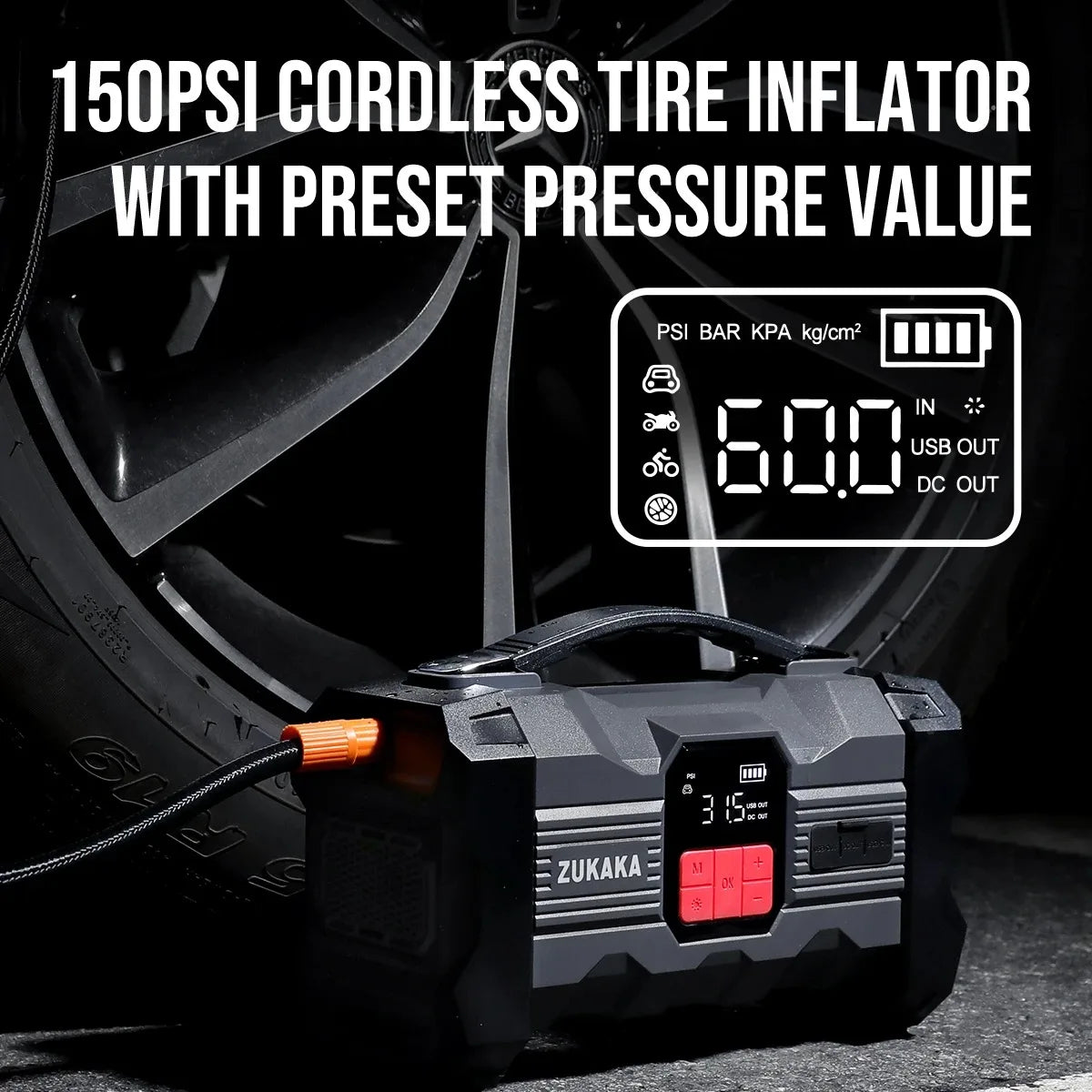 ZUKAKA 26800mAh Jump Starter with Air Compressor 4000A Booster Tyre Inflator Portable Car Battery Power Bank Charger Air Pump