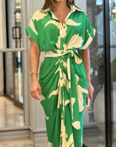 High Waisted Lady Shirt Dress for Women Clothing Summer Classic Casual Slim Short Sleeve Women Dress Female Solid Long Skir