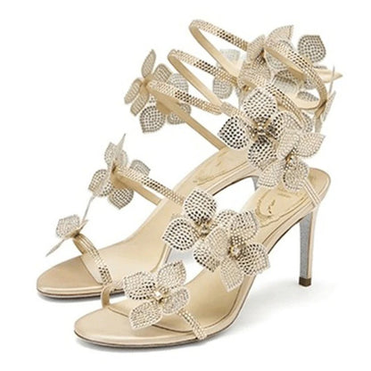 Aneikeh Shiny Crystal Rhinestone Butterfly Flower High Heels Women's Summer Elegant Sexy PU Round Head Sandals Party Dress