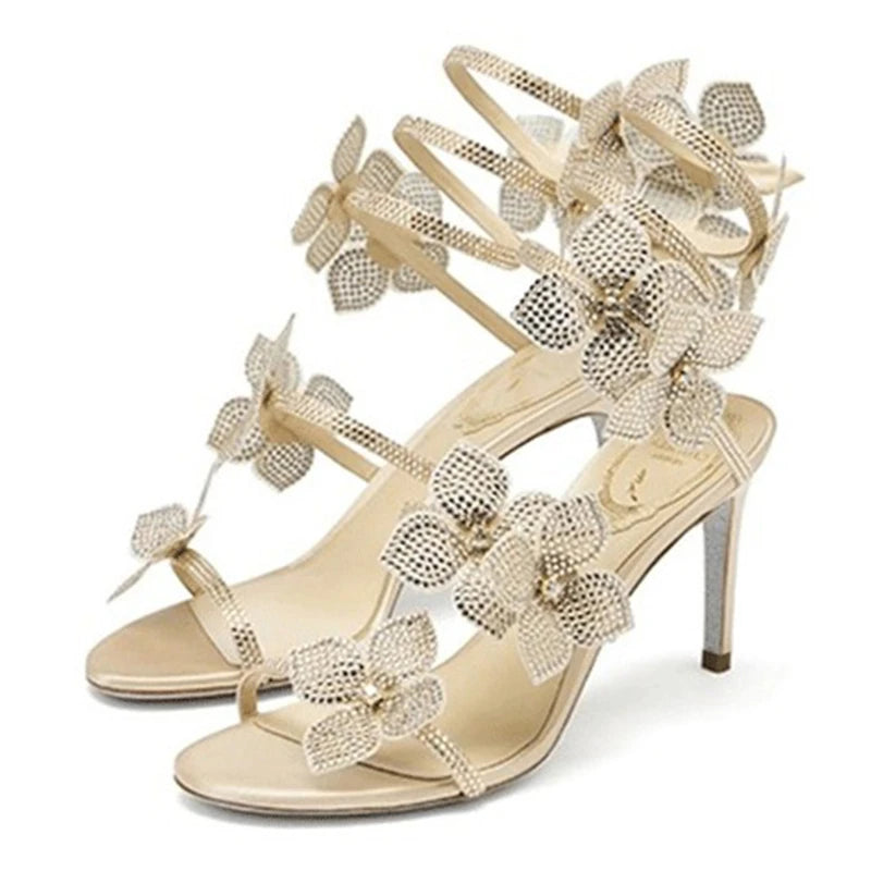 Aneikeh Shiny Crystal Rhinestone Butterfly Flower High Heels Women's Summer Elegant Sexy PU Round Head Sandals Party Dress