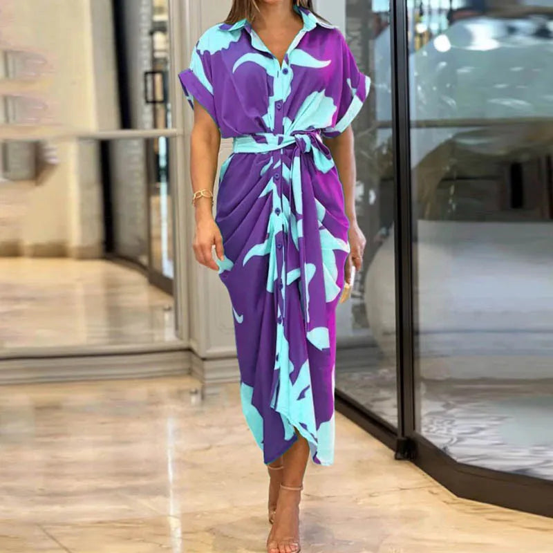 High Waisted Lady Shirt Dress for Women Clothing Summer Classic Casual Slim Short Sleeve Women Dress Female Solid Long Skir