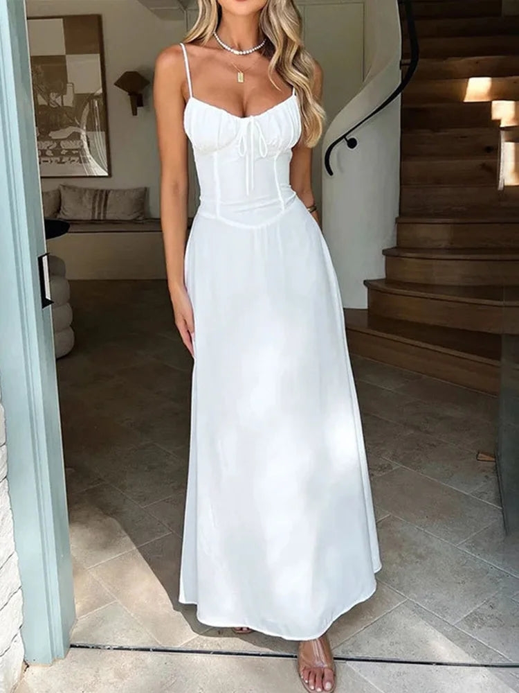 TSDFC 2025 New Spring Summer Temperament Robe Femme A Line Long Ladies Fashion Sexy Solid Color Slip Dress Lace Up Elegant Dress