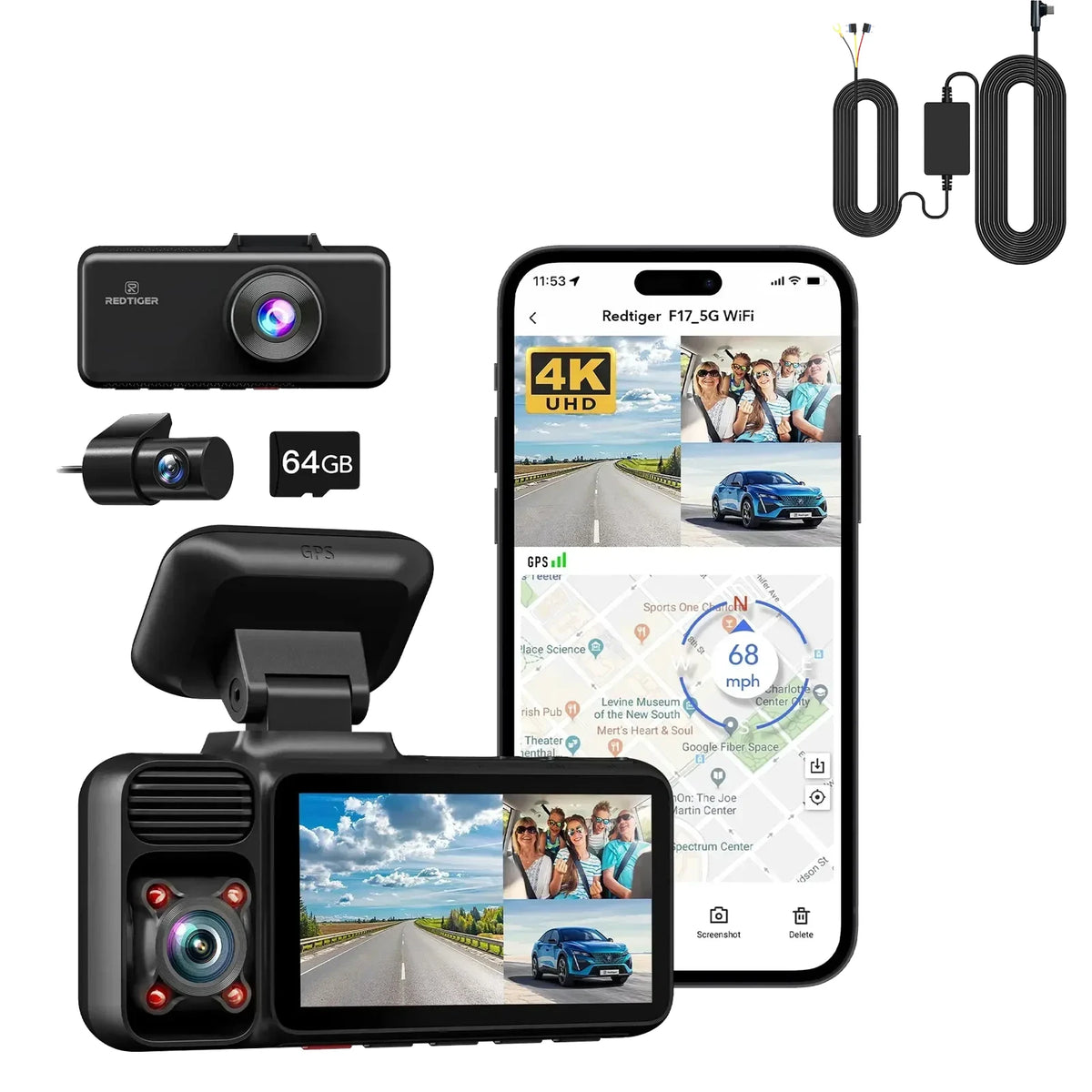 REDTIGER 3 Channel Car Camera 4k Dash Camera for IR Night Vision Car Dvr for 5G WiFi Triple Car Cameras Built-in GPS WDR