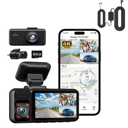 REDTIGER 3 Channel Car Camera 4k Dash Camera for IR Night Vision Car Dvr for 5G WiFi Triple Car Cameras Built-in GPS WDR