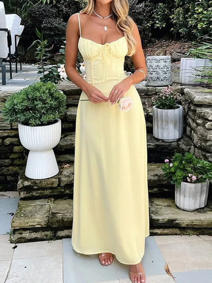 TSDFC 2025 New Spring Summer Temperament Robe Femme A Line Long Ladies Fashion Sexy Solid Color Slip Dress Lace Up Elegant Dress
