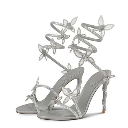 Aneikeh Shiny Crystal Rhinestone Butterfly Flower High Heels Women's Summer Elegant Sexy PU Round Head Sandals Party Dress
