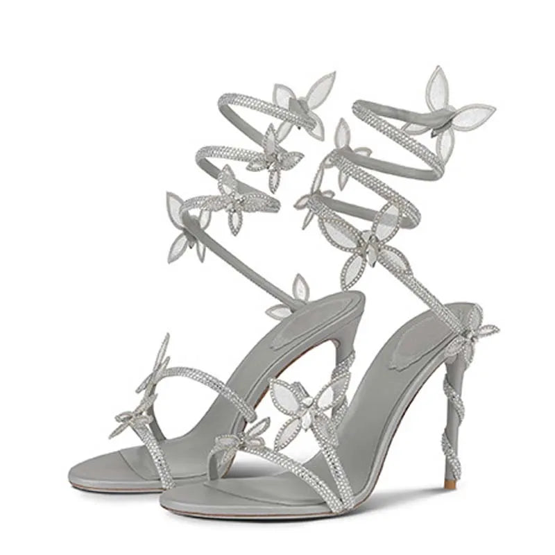 Aneikeh Shiny Crystal Rhinestone Butterfly Flower High Heels Women's Summer Elegant Sexy PU Round Head Sandals Party Dress