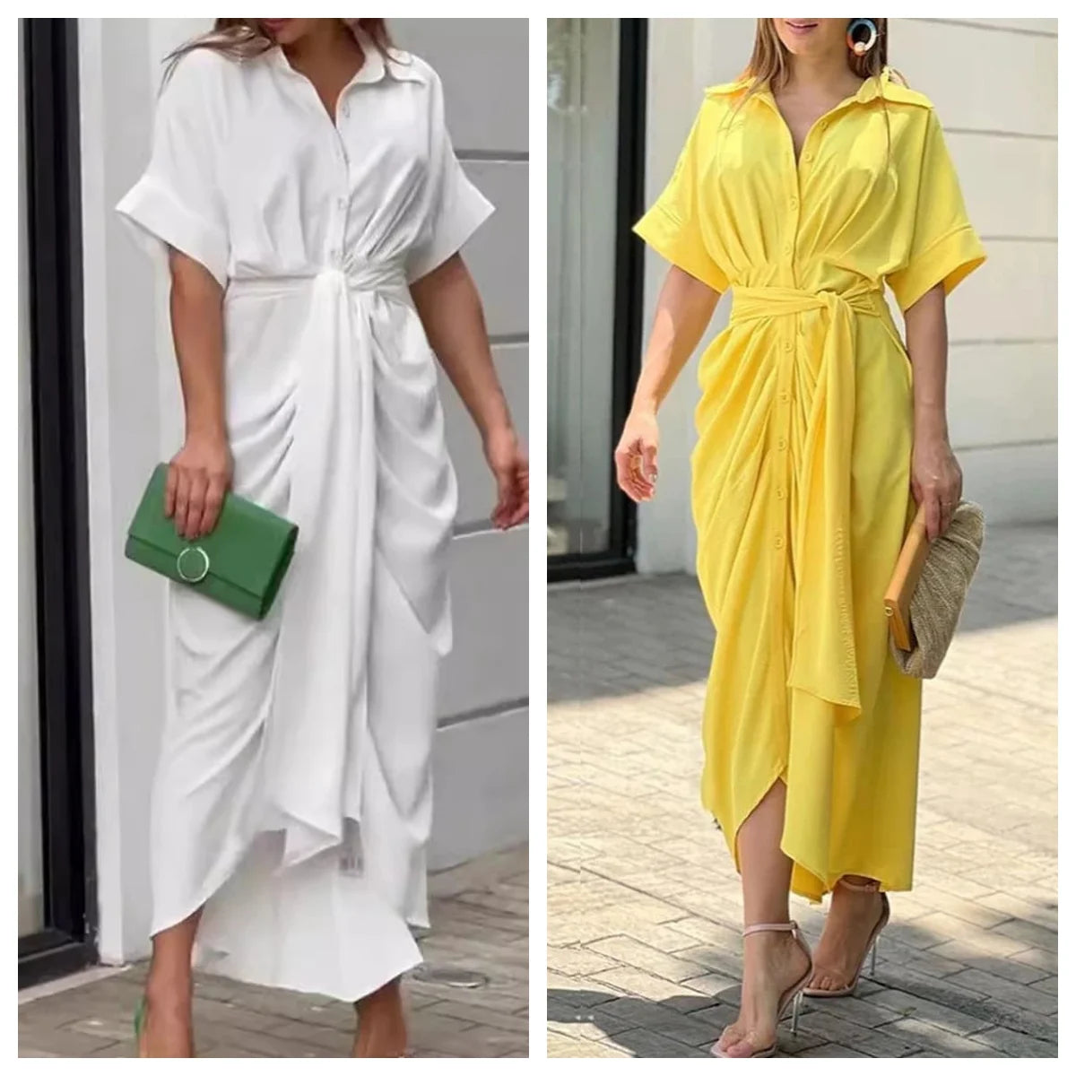 High Waisted Lady Shirt Dress for Women Clothing Summer Classic Casual Slim Short Sleeve Women Dress Female Solid Long Skir