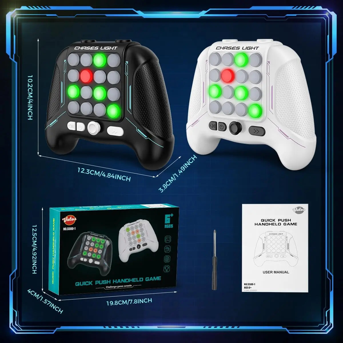 VATOS 2x Quick Push Fidget Game Handheld Electric Pop Game Toy 5 Gameplay Modes Portable Controller for Ages 6+ Kids Boys Girls
