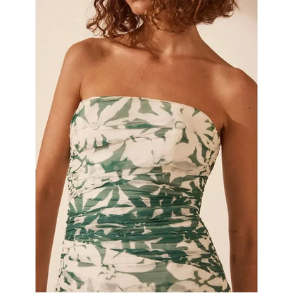 2025spring/summer New Printed Strapless Long Dress with A Stylish Design and Pleated Long Chiffon Dress for Women's Evening Wear