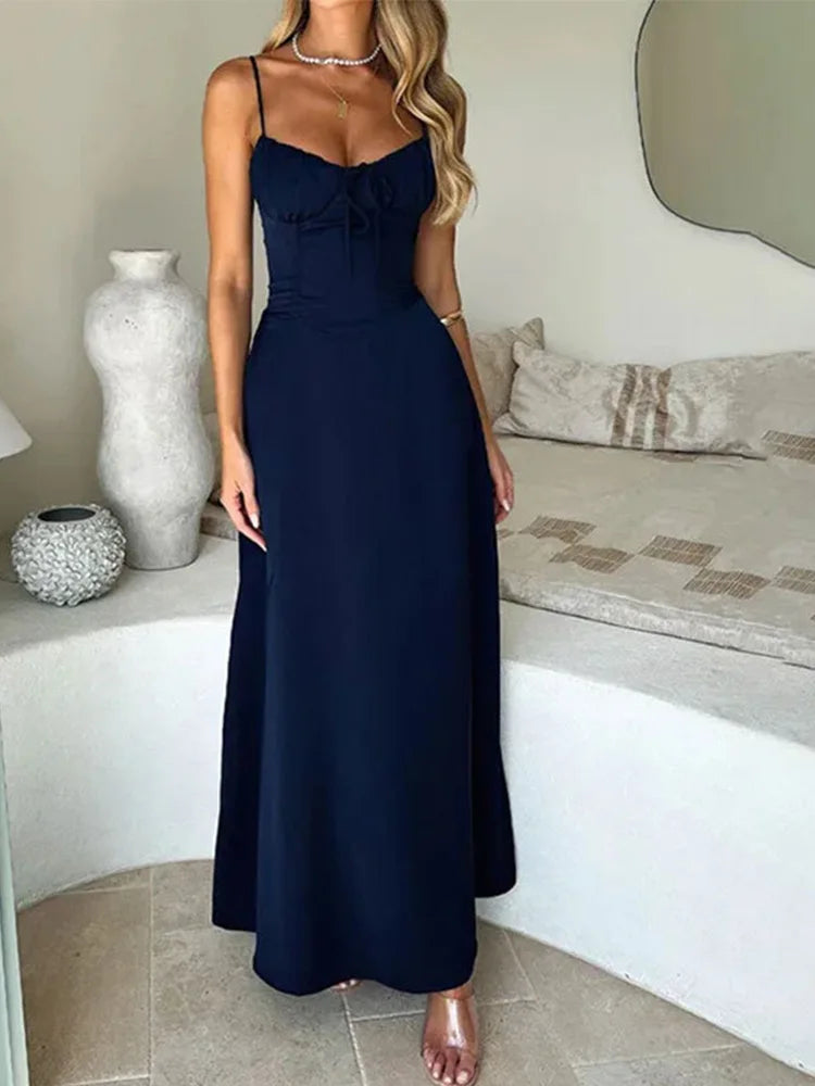 TSDFC 2025 New Spring Summer Temperament Robe Femme A Line Long Ladies Fashion Sexy Solid Color Slip Dress Lace Up Elegant Dress