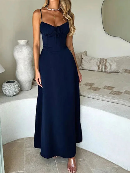 TSDFC 2025 New Spring Summer Temperament Robe Femme A Line Long Ladies Fashion Sexy Solid Color Slip Dress Lace Up Elegant Dress