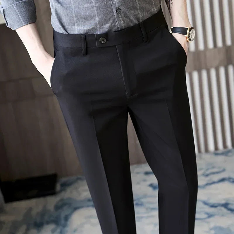 British Style Autumn New Solid High Quality Dress Pant Men Slim Fit Casual Office Trousers Formal Social Wedding Party Suit Pant