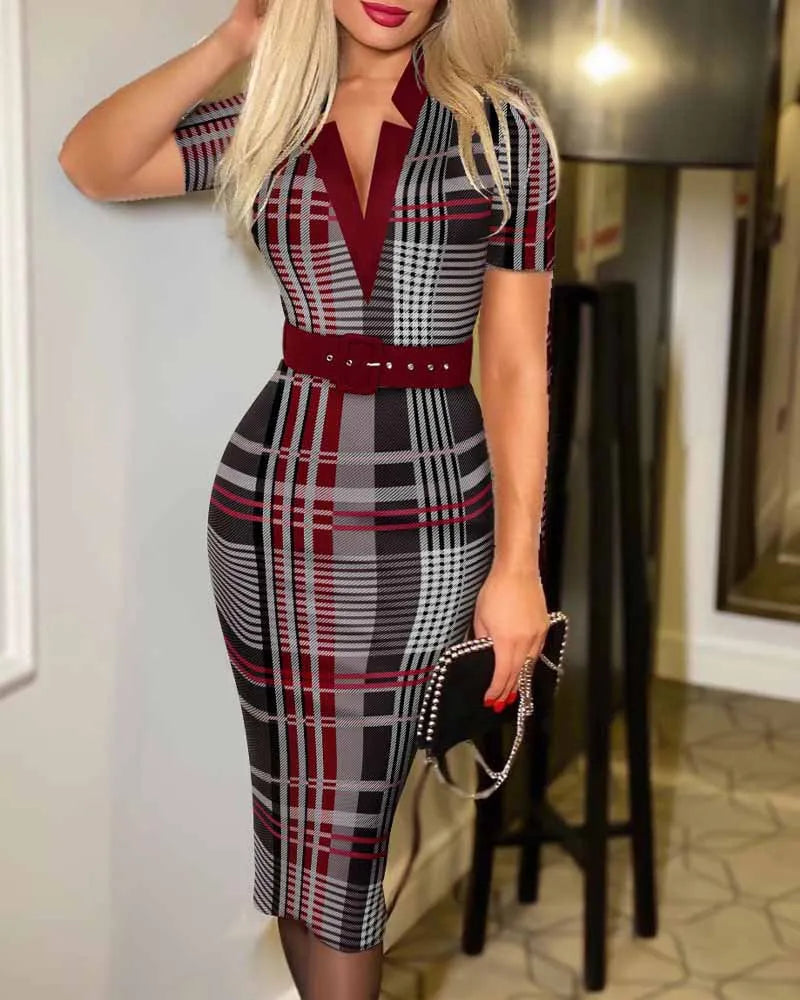 Plaid Pattern V Neck Dress Elegant Long Sleeve Knee Length Dress Women's Clothing