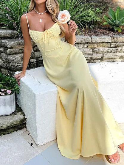 TSDFC 2025 New Spring Summer Temperament Robe Femme A Line Long Ladies Fashion Sexy Solid Color Slip Dress Lace Up Elegant Dress