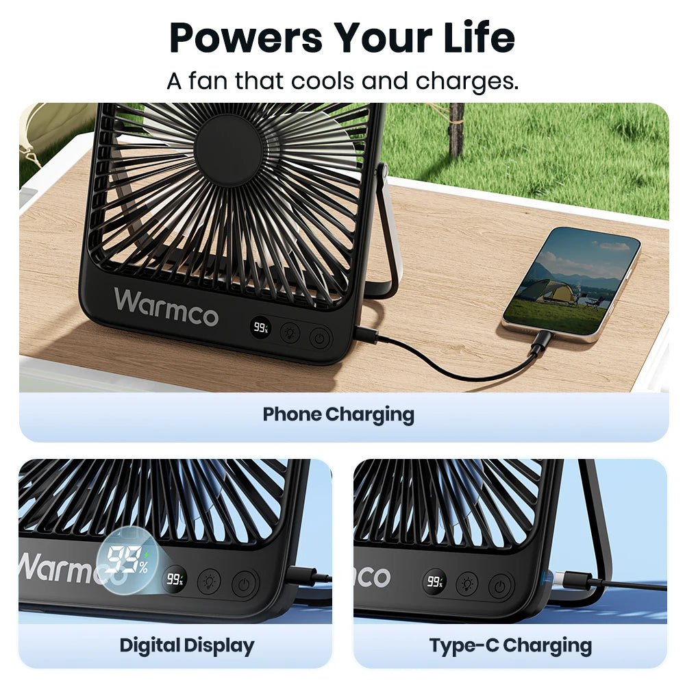 Warmco 20000mAh 8-inch Portable Camping Fan,LED Light, Quiet Thin Battery Desk Personal Fan With Digital Display for Outdoor