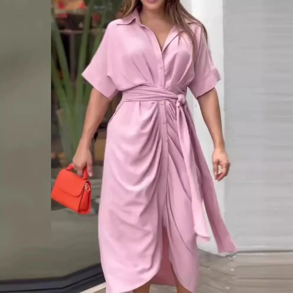 High Waisted Lady Shirt Dress for Women Clothing Summer Classic Casual Slim Short Sleeve Women Dress Female Solid Long Skir