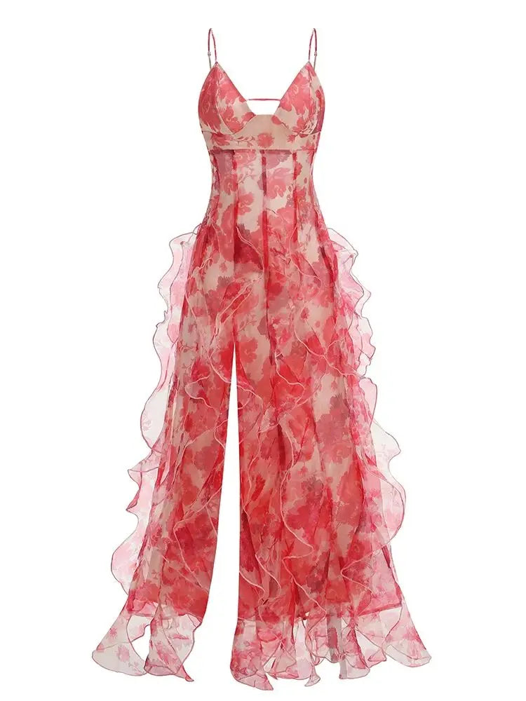 Summer New 2024 Women Sexy V Neck Backless Flower Chiffon Maxi Gowns Dress Split Celebrity Cut Out Beach Maxi Dress