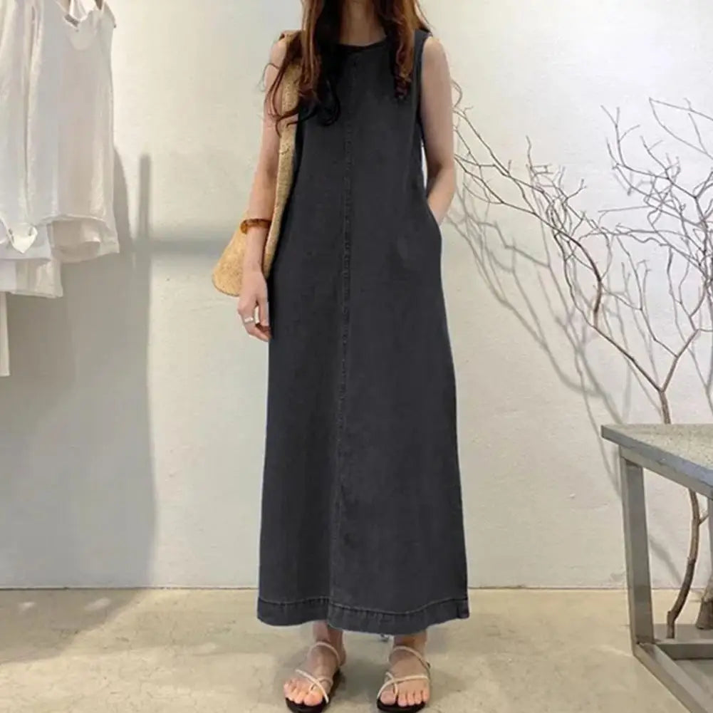 Comfortable Fabric Dress Elegant Maxi Dress with Pockets for Women Solid Color O Neck Ankle Length Lady Dating Dress Soft