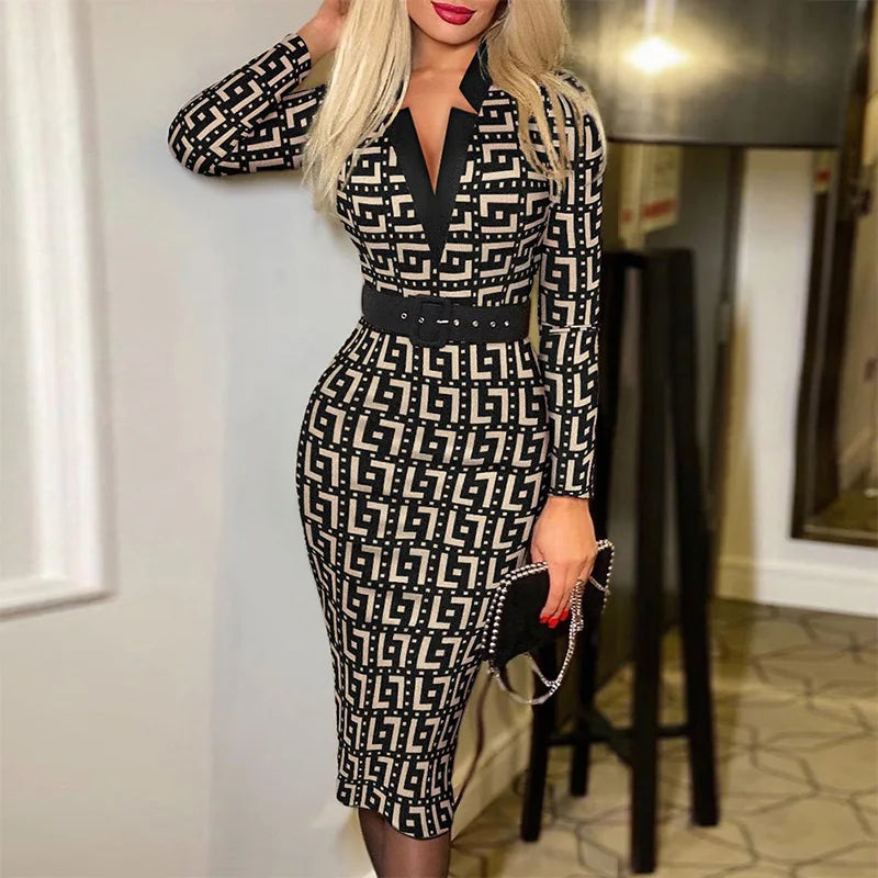 Plaid Pattern V Neck Dress Elegant Long Sleeve Knee Length Dress Women's Clothing
