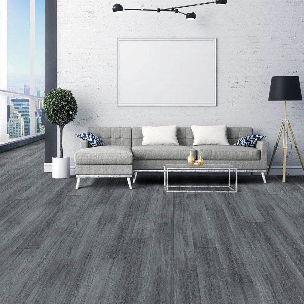 Dark Grey PVC Wood Plank Flooring Scratch & Water Resistant, Realistic Wood Grain, Peel-and-Stick Installation 91.5x15.2cm