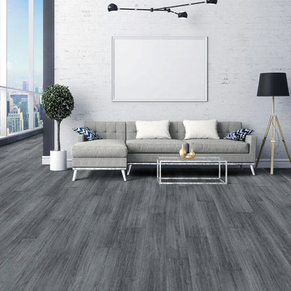Dark Grey PVC Wood Plank Flooring Scratch & Water Resistant, Realistic Wood Grain, Peel-and-Stick Installation 91.5x15.2cm