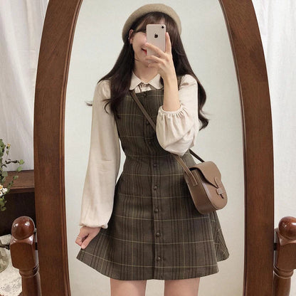 Preppy Sty Japan Girls Matching Outfits Date Lady Autumn Spring 2023 A Line Women Plaid Shirt Dress
